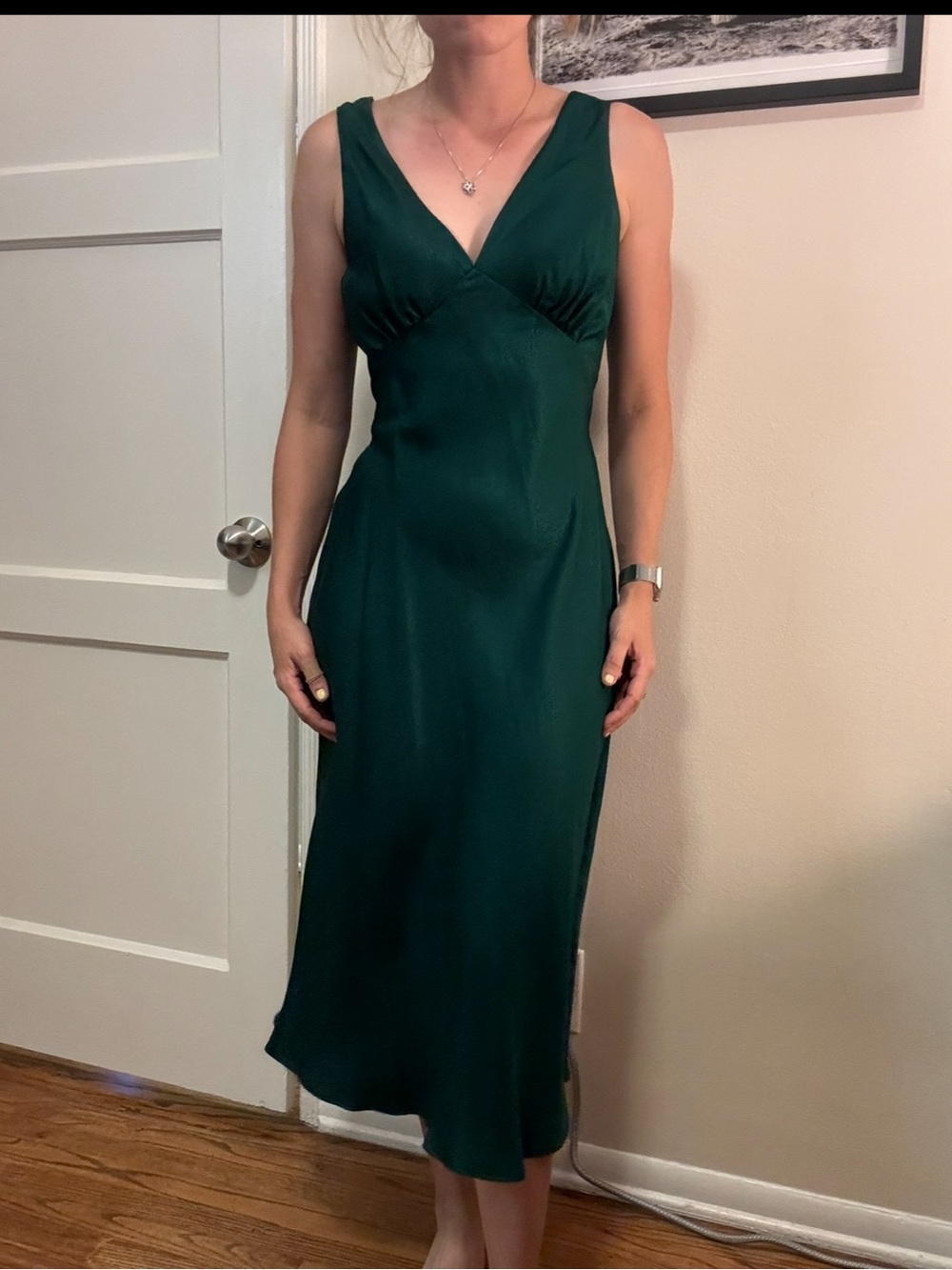 Elegant Forest Green V-Neck Midi Bias Cut Dress
